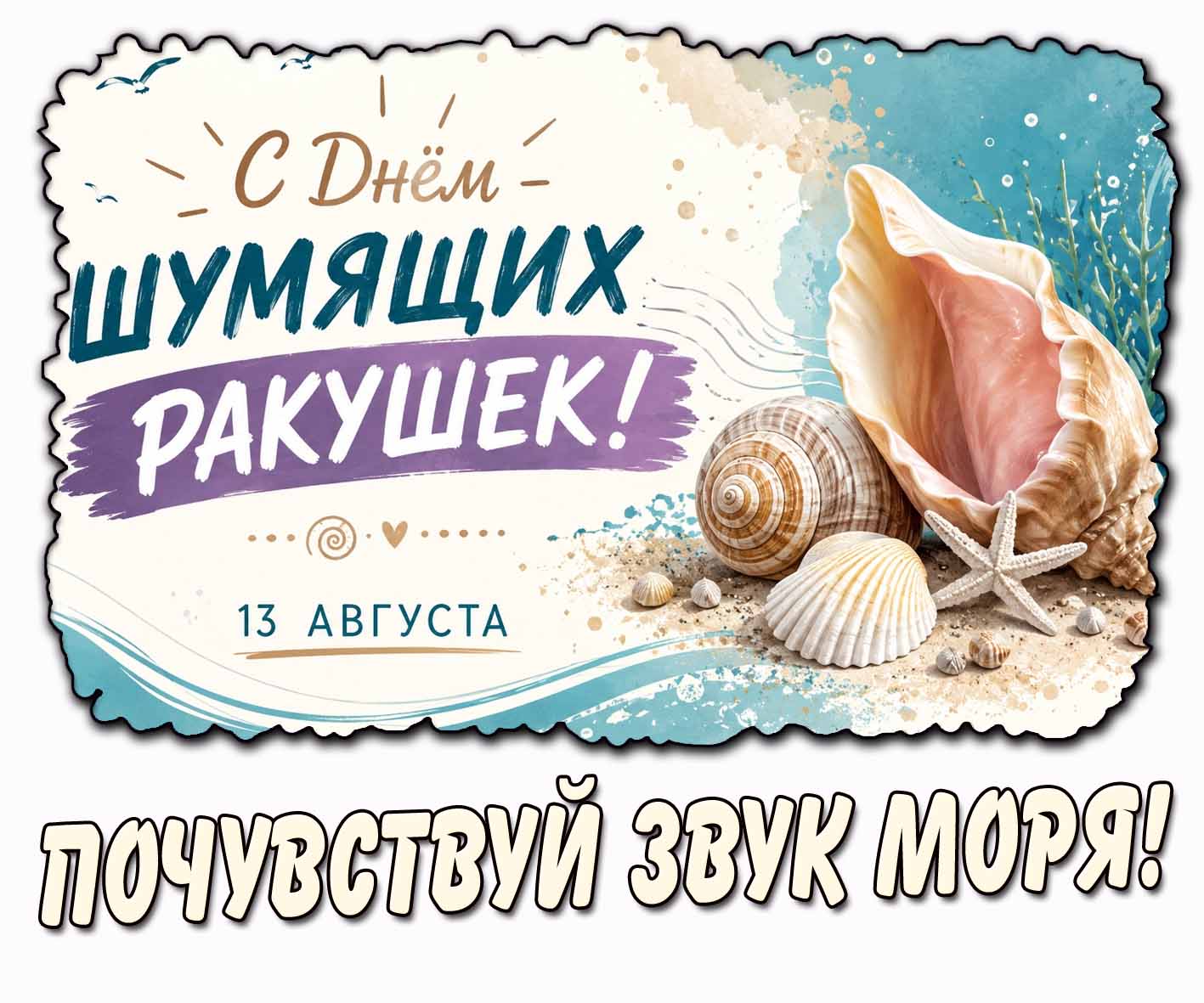 Открытка 13 августа - с днём шумящих ракушек! Почувствуй звук моря!