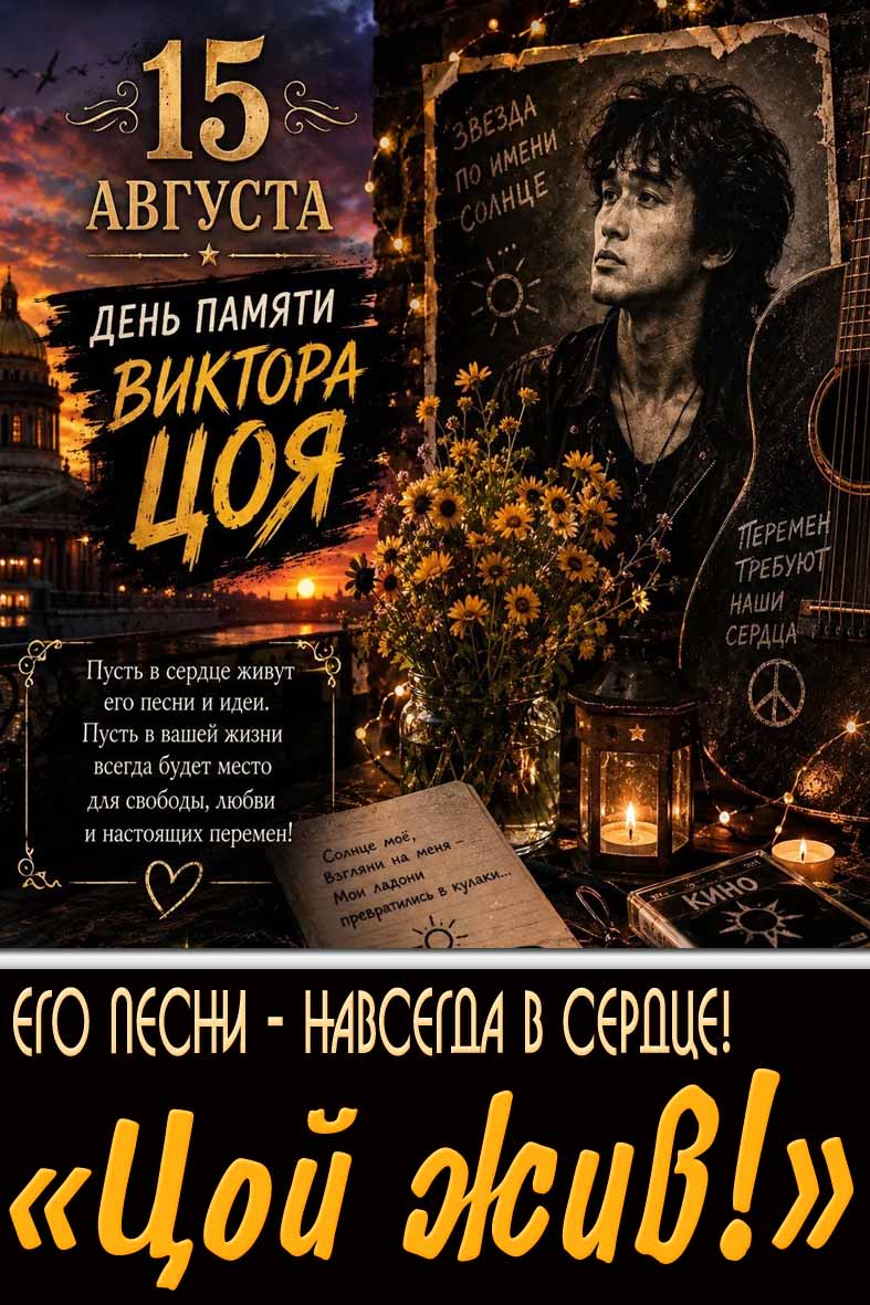 Открытка 15 августа - день памяти Виктора Цоя! Его песни - навсегда в сердце! Цой жив!