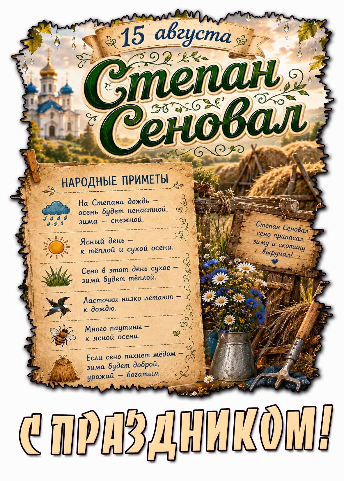 Открытка 15 августа - Степан Сеновал! Степан Сеновал сено припасал, зиму и скотину выручал! С праздником!