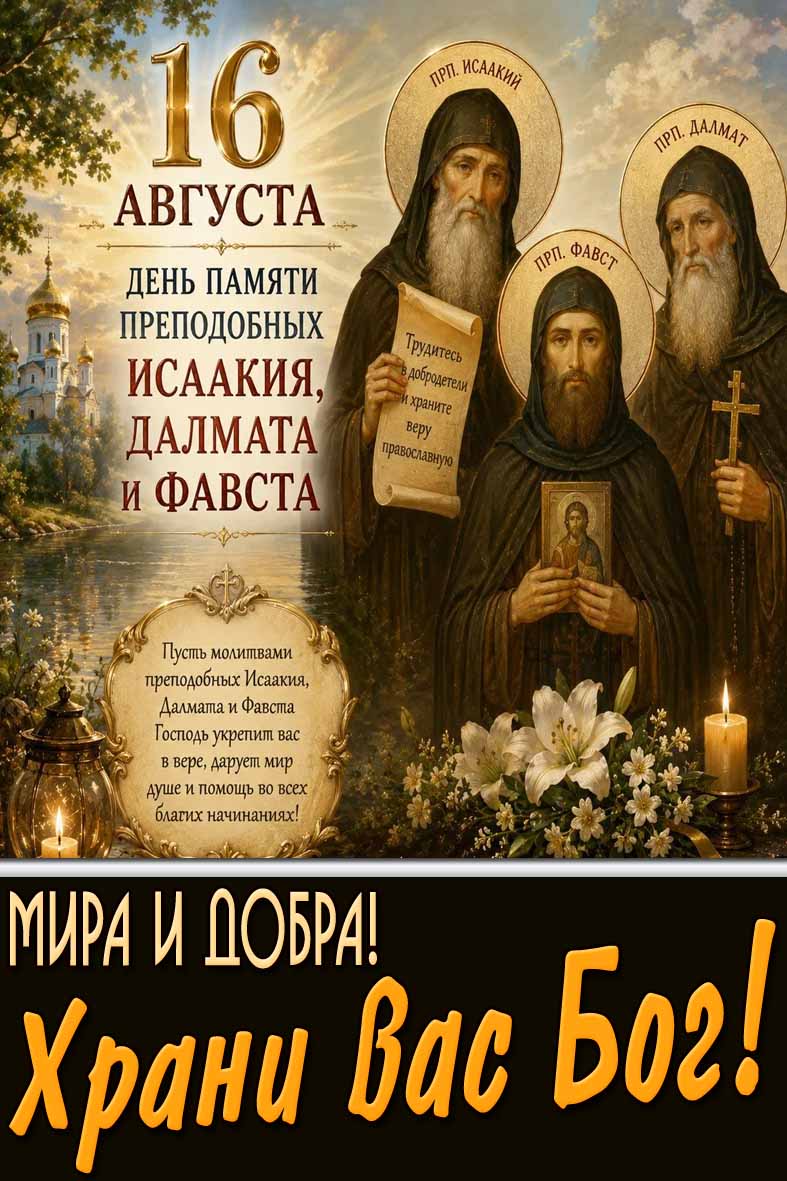 Открытка 16 августа - день памяти преподобных Исаакия, Далмата и Фавста! Мира и добра! Храни Вас Бог!