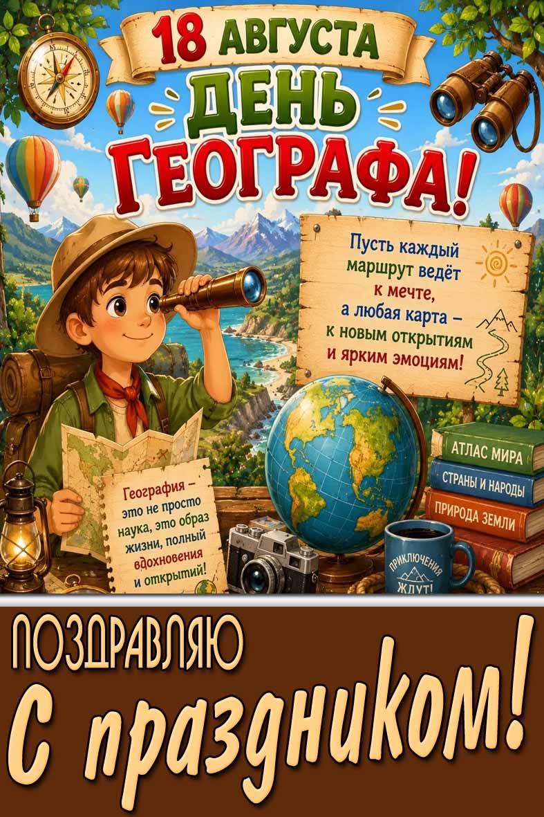 Открытка 18 августа - день географа! Поздравляю с праздником!