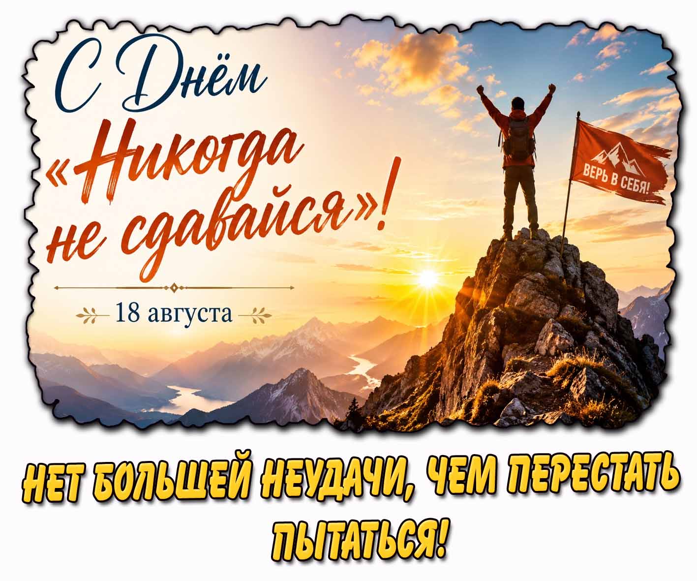 Открытка 18 августа - с днём "никогда не сдавайся!" Верь в себя! Нет большей неудачи, чем перестать пытаться!