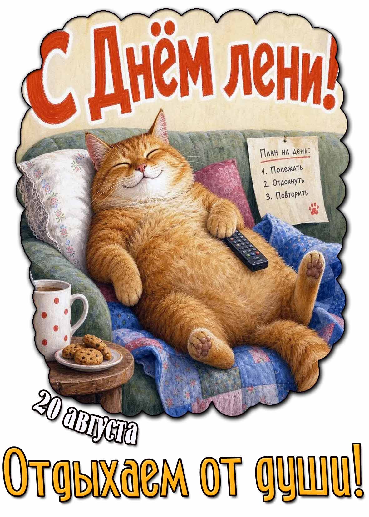 Открытка 20 августа - с днём лени! Отдыхаем от души!