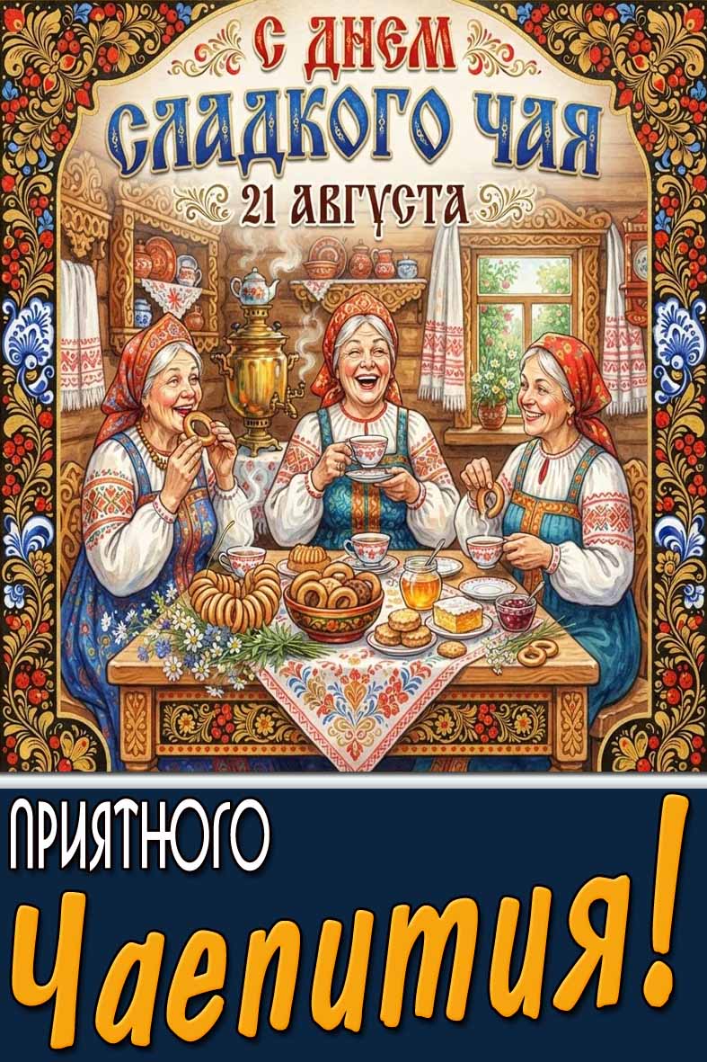 Красивая открытка с женщинами в русско-народных нарядах у самовара с баранками к празднику 21 августа - с днём сладкого чая! Приятного чаепития! Открытка 21 августа - с днём сладкого чая! Приятного чаепития!