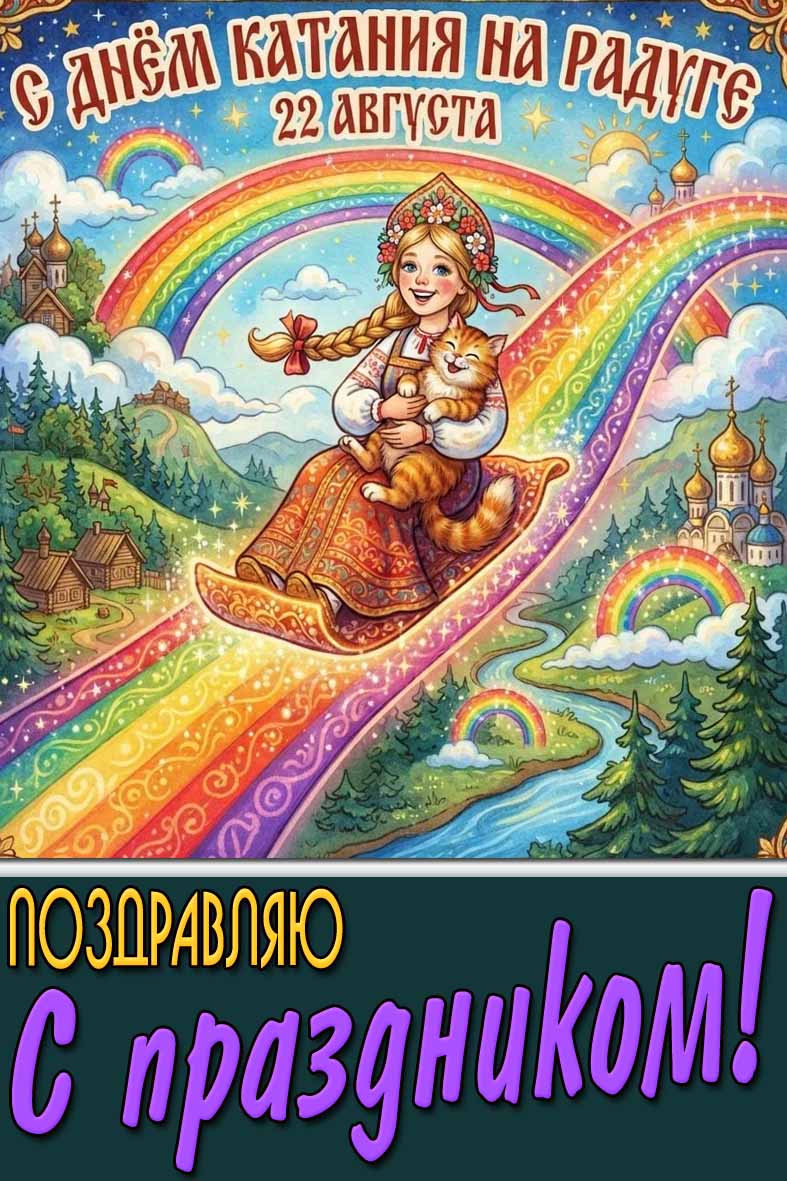 Открытка 22 августа - с днём катания на радуге! Поздравляю с праздником!