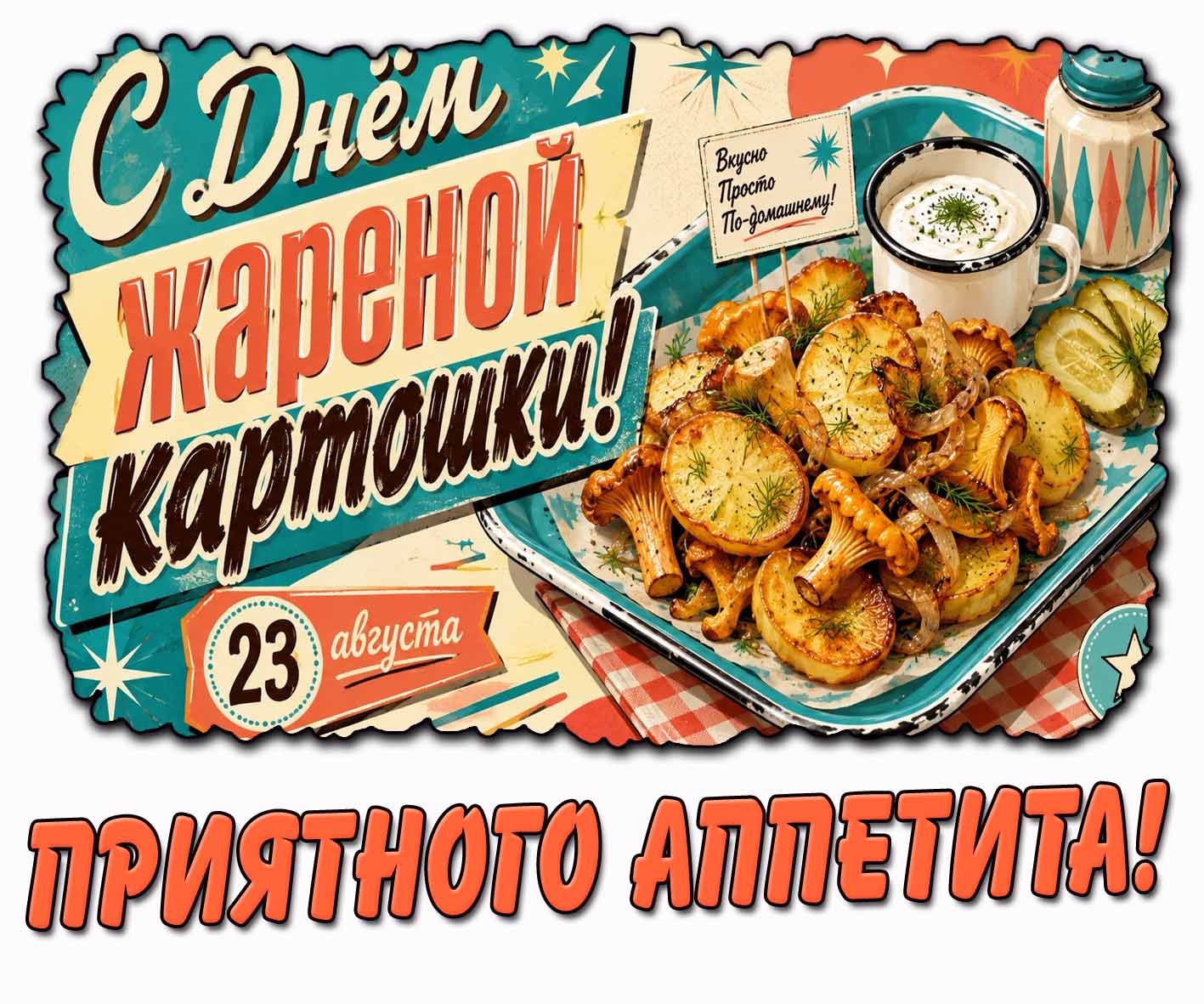 Открытка 23 августа - с днём жареной картошки! Вкусно! Просто! По-домашнему! Приятного аппетита!