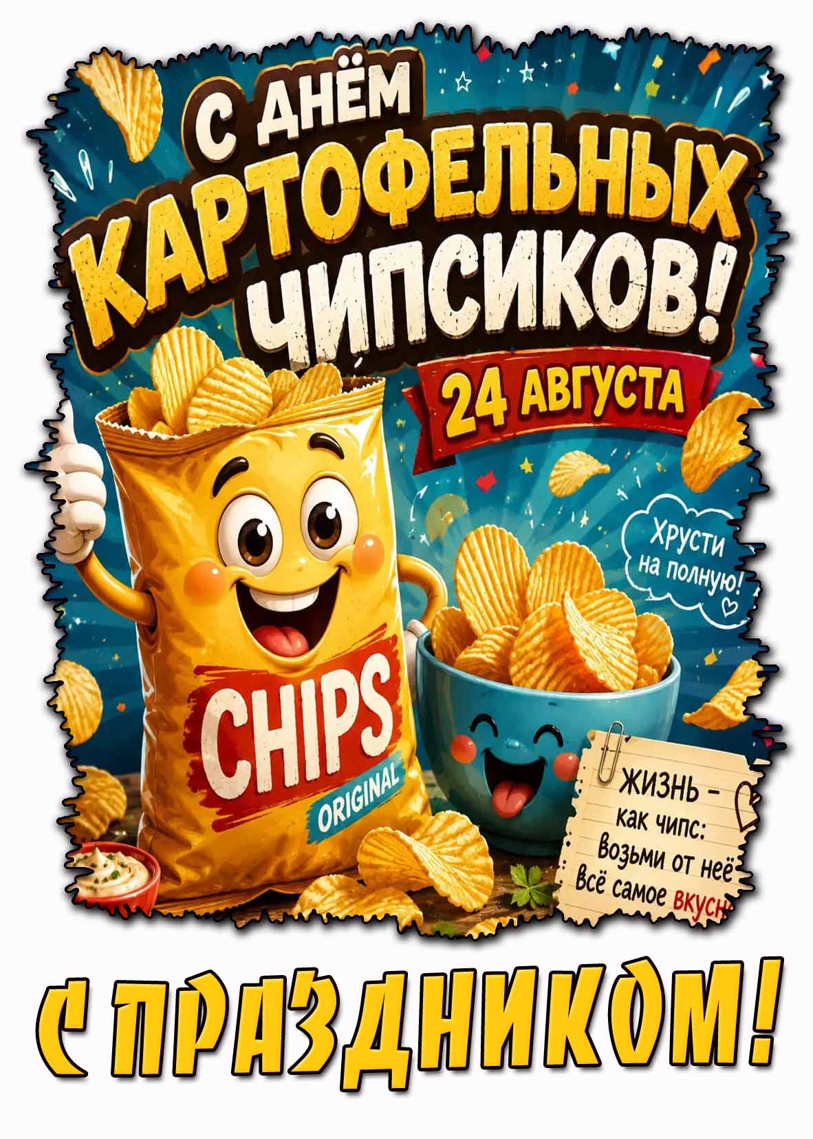 Открытка 24 августа - с днём картофельных чипсов! Хрусти на полную! С праздником!