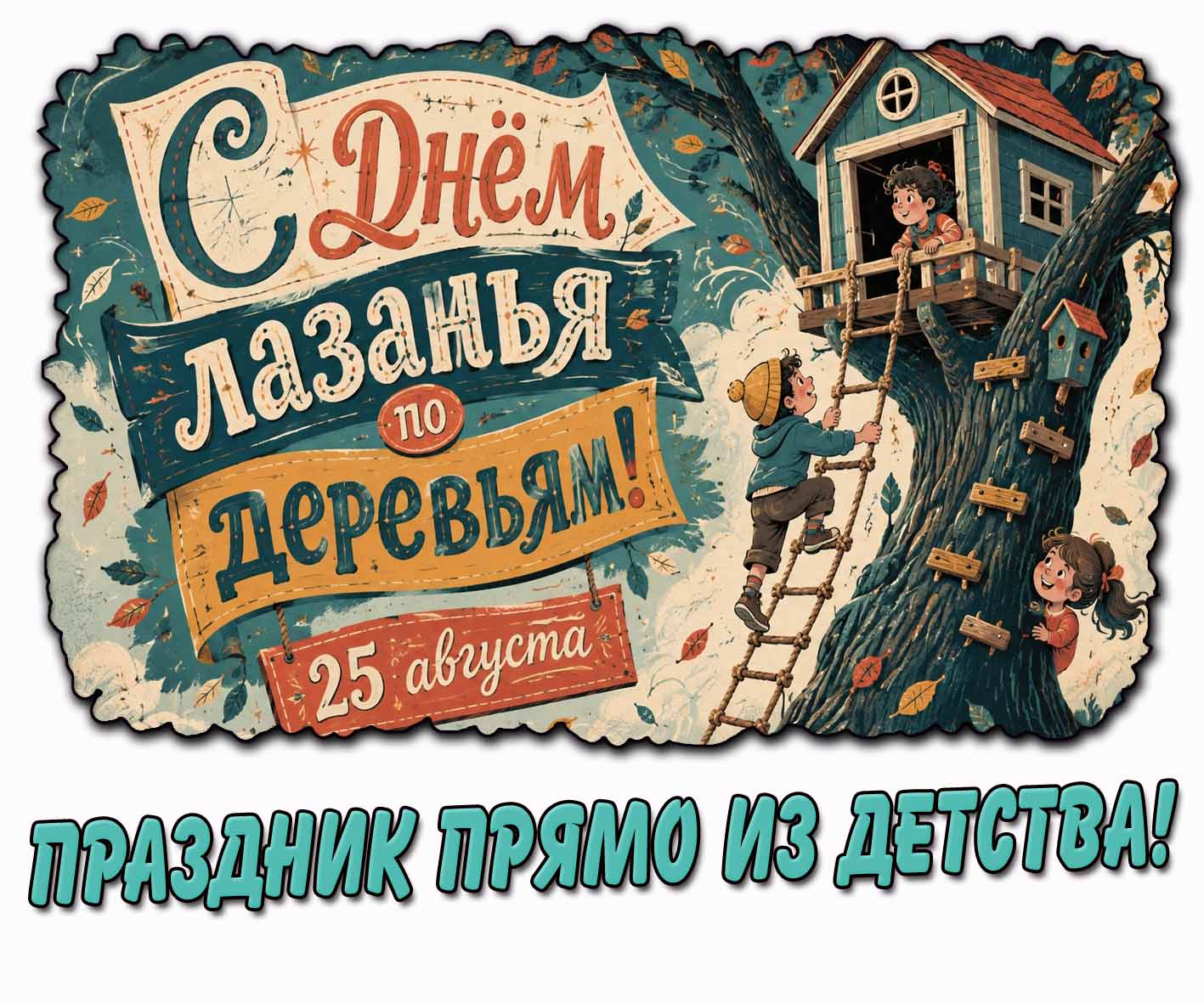Открытка 25 августа - с днём лазанья по деревьям! Праздник прямо из детства!