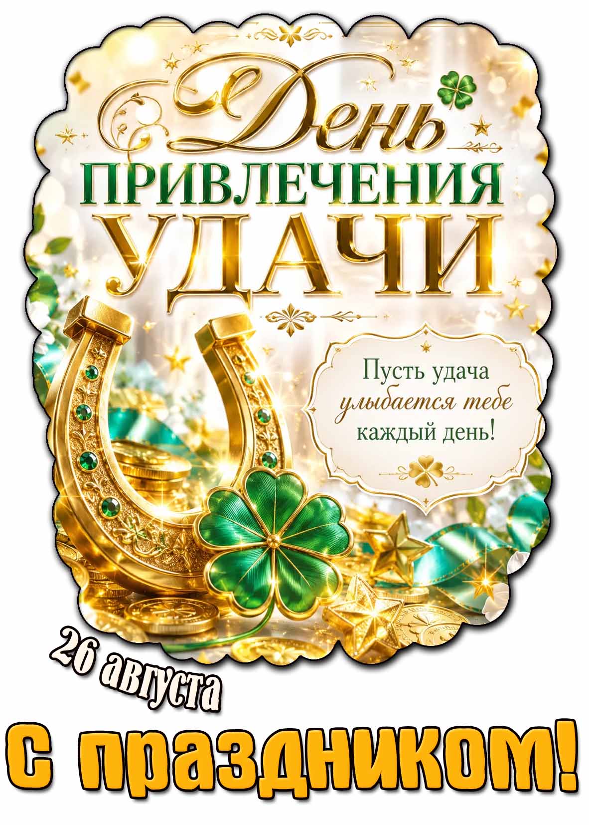 Открытка 26 августа - день привлечения удачи! Пусть удача улыбается тебе каждый день! С праздником!
