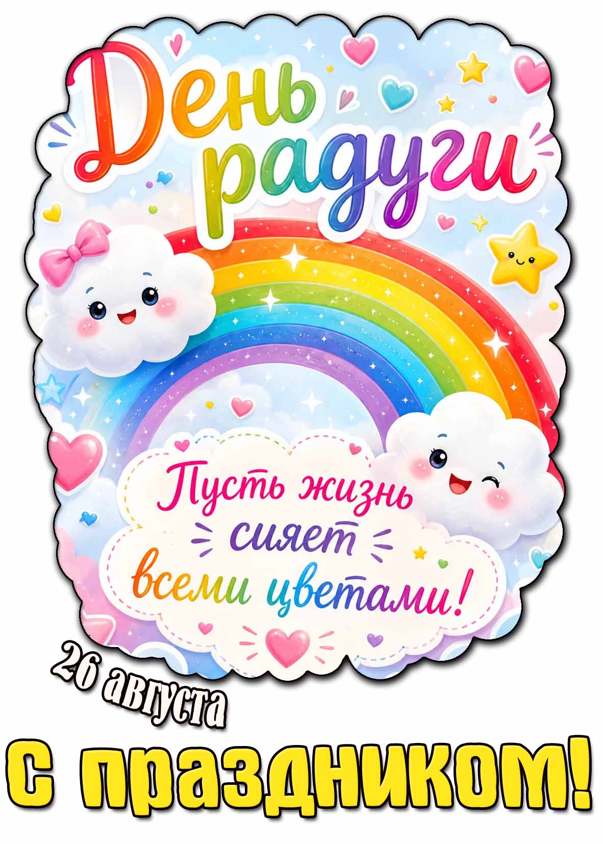 Открытка 26 августа - день радуги! Пусть жизнь сияет всеми цветами! С праздником!