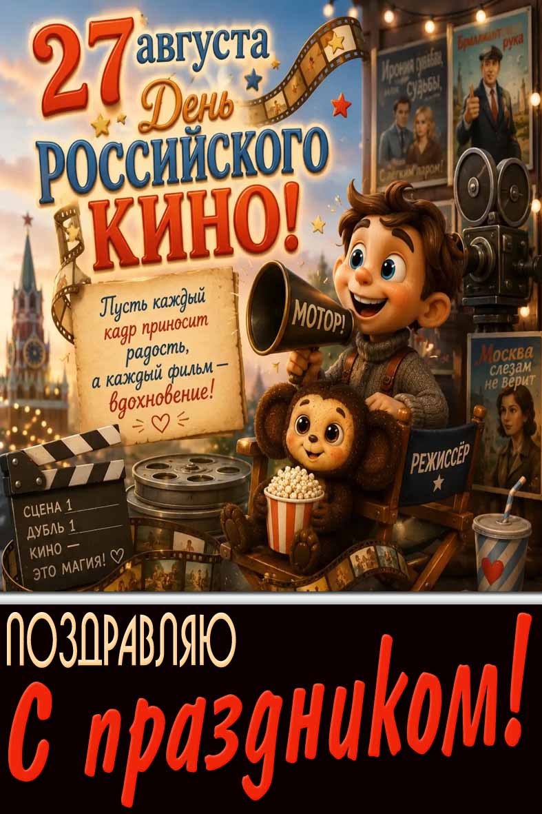 Открытка 27 августа - день российского кино! Пусть каждый кадр приносит радость, а каждый фильм - вдохновение! Поздравляю с праздником!