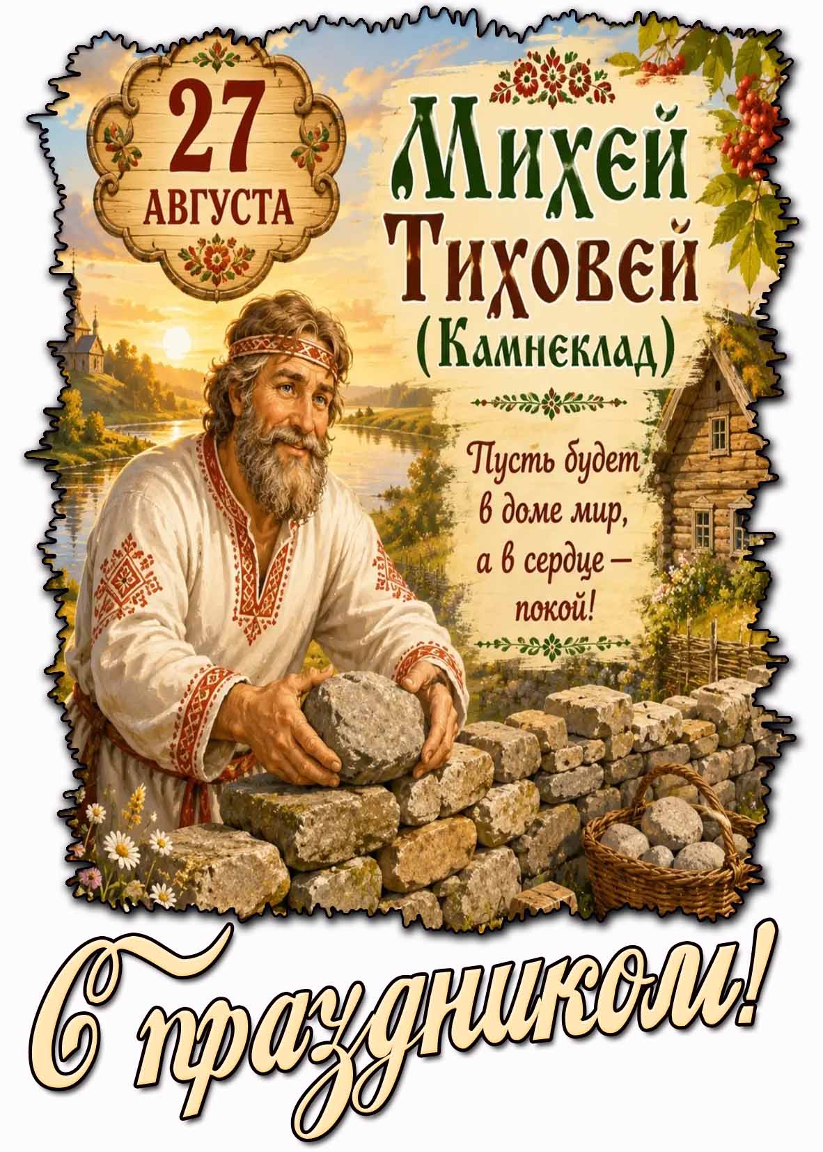 Открытка 27 августа - Михей Тиховей (Камнеклад) Пусть будет в доме мир, а в сердце - покой! С праздником!
