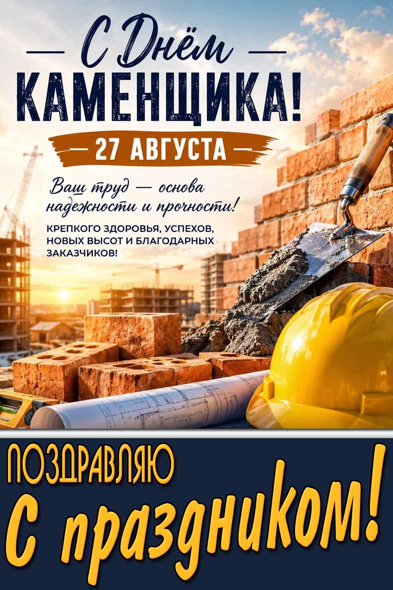 Открытка 27 августа - с днём каменщика! Ваш труд - основа надёжности и прочности! Поздравляю с праздником!