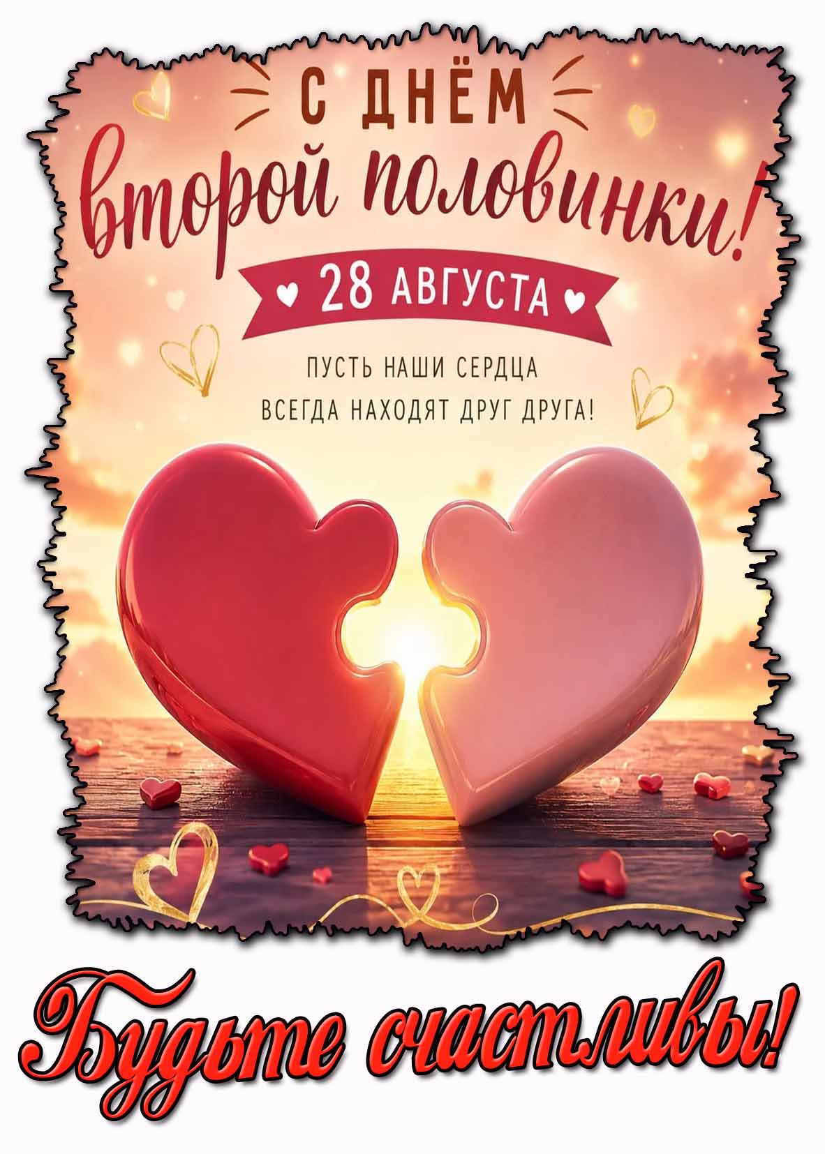 Открытка 28 августа - с днём второй половинки! Пусть наши сердца всегда находят друг друга! Будьте счастливы!