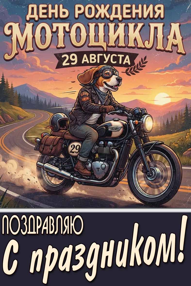 Открытка 29 августа - день рождения мотоцикла! Поздравляю с праздником!