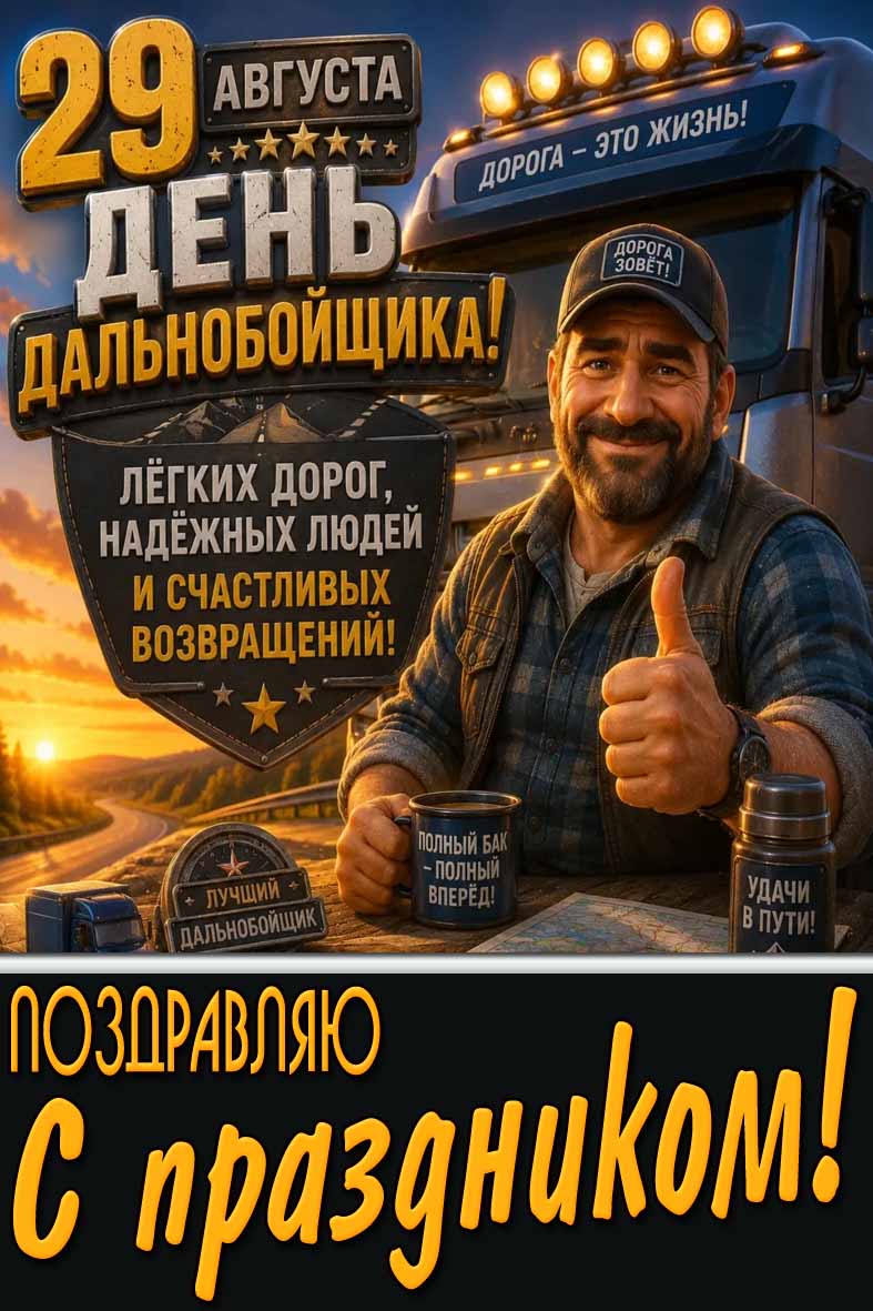 Открытка 29 августа - день дальнобойщика! Лёгких дорого, надёжных людей и счастливых возвращений! Поздравляю с праздником!
