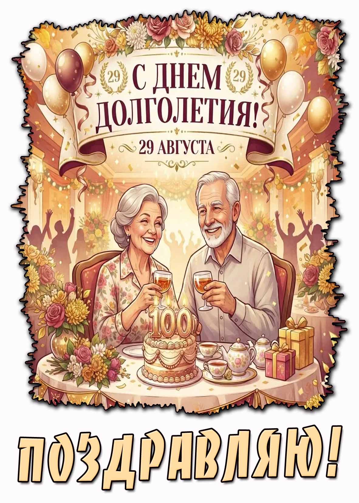 Открытка 29 августа - с днём долголетия! Поздравляю!