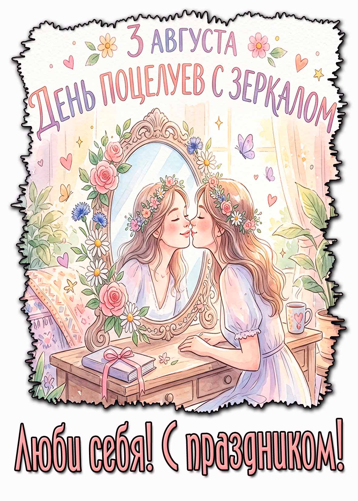 Открытка 3 августа - день поцелуев с зеркалом! Люби себя! С праздником!