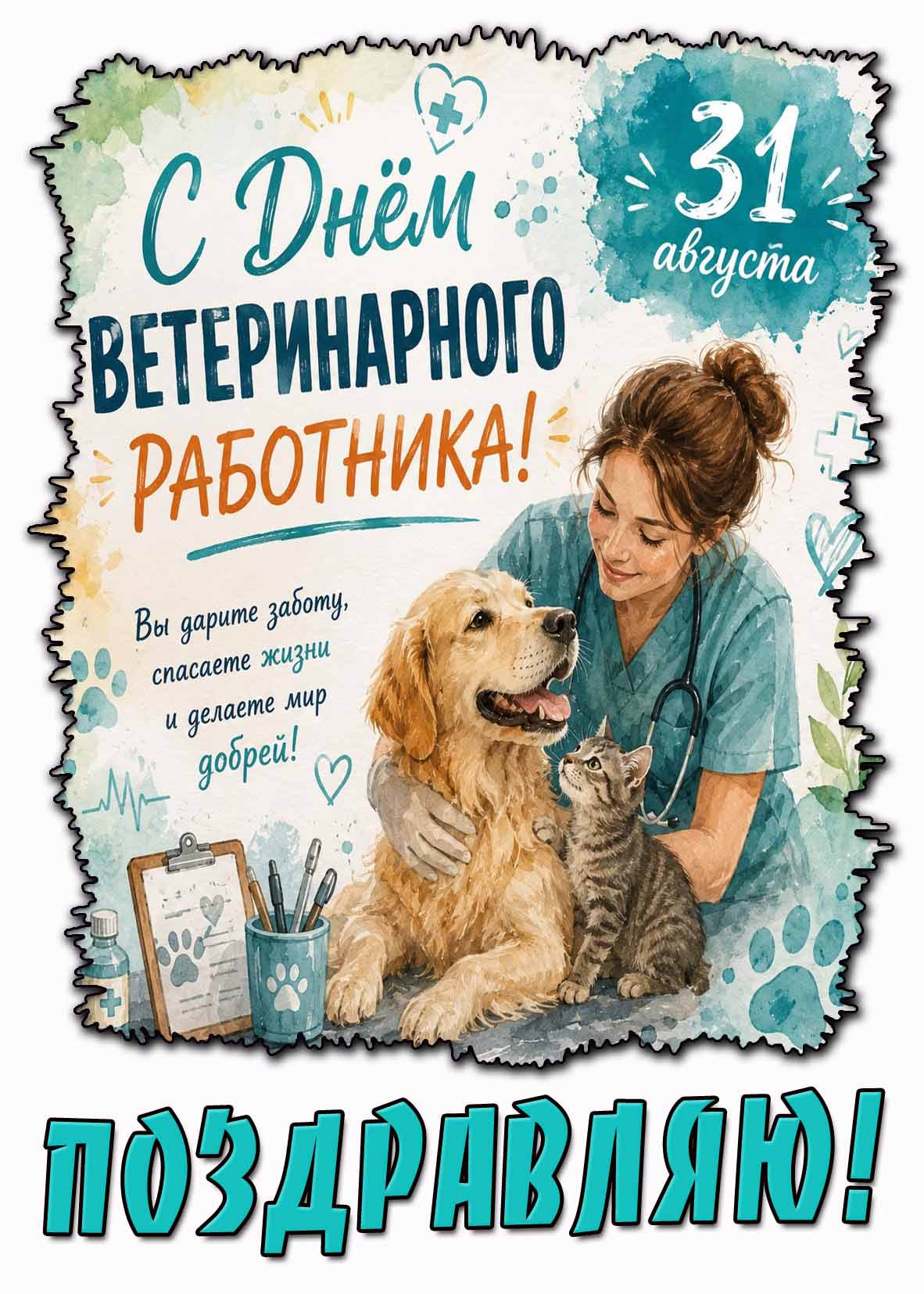 Открытка 31 августа - с днём ветеринарного работника! Вы дарите заботу, спасаете жизни и делаете мир добрей! Поздравляю!