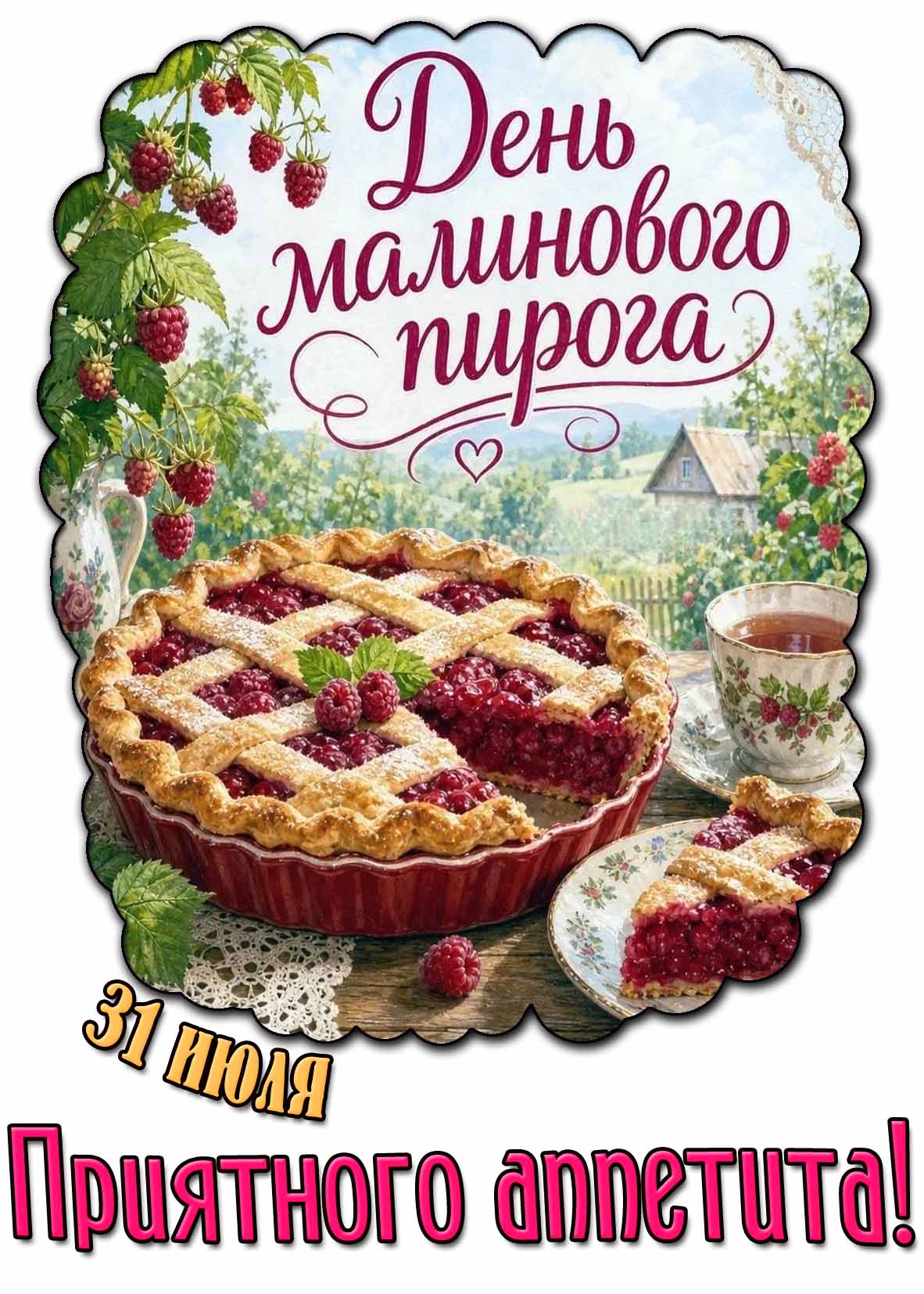 Открытка 31 июля - день малинового пирога! Приятного аппетита!