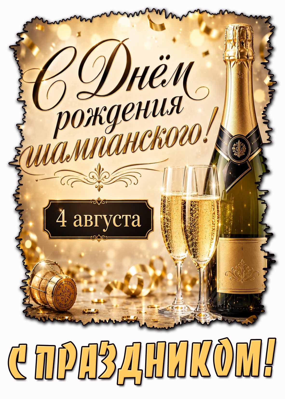 Открытка 4 августа - с днём рождения шампанского! С праздником!