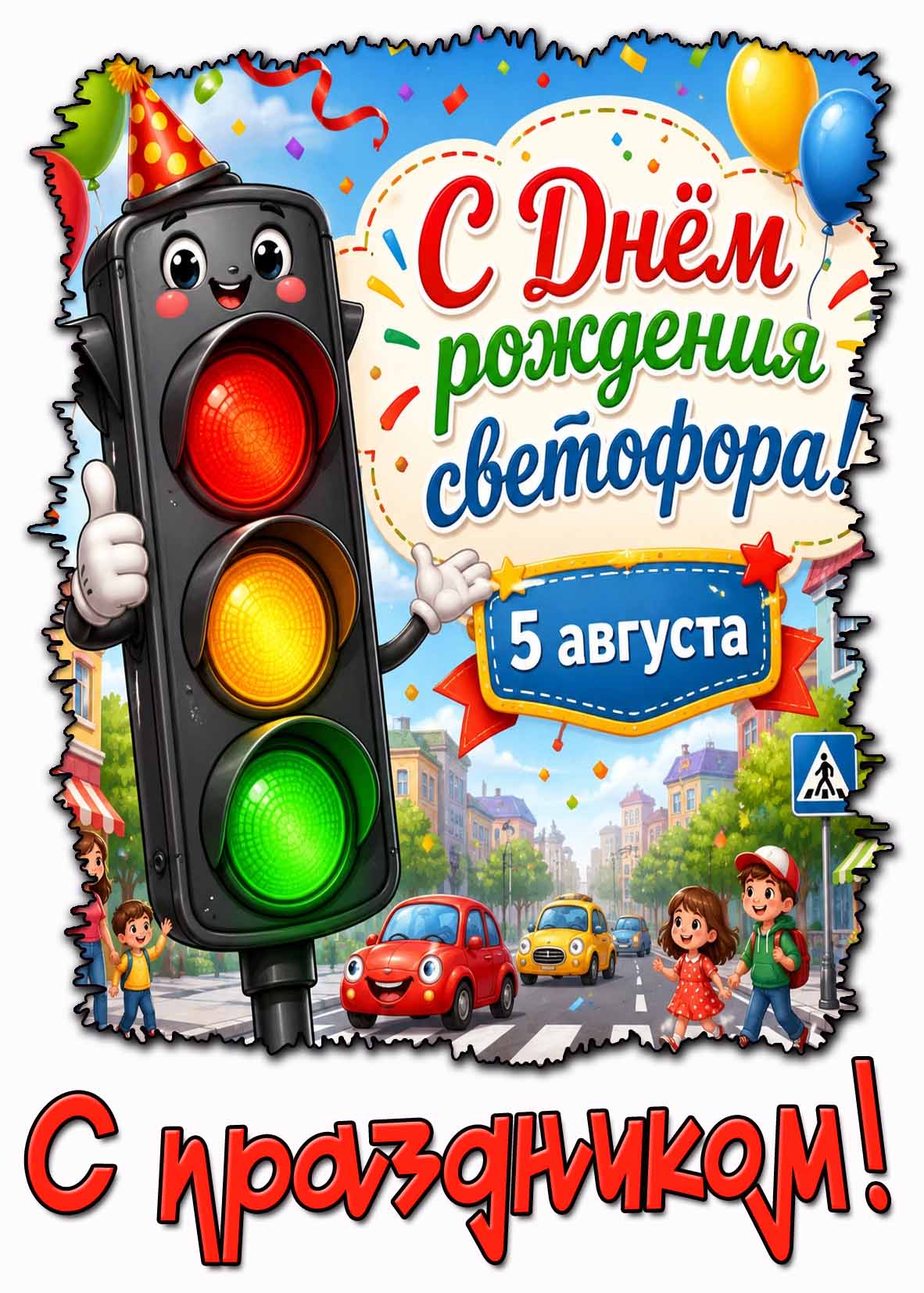 Открытка 5 августа - с днём рождения светофора! С праздником!