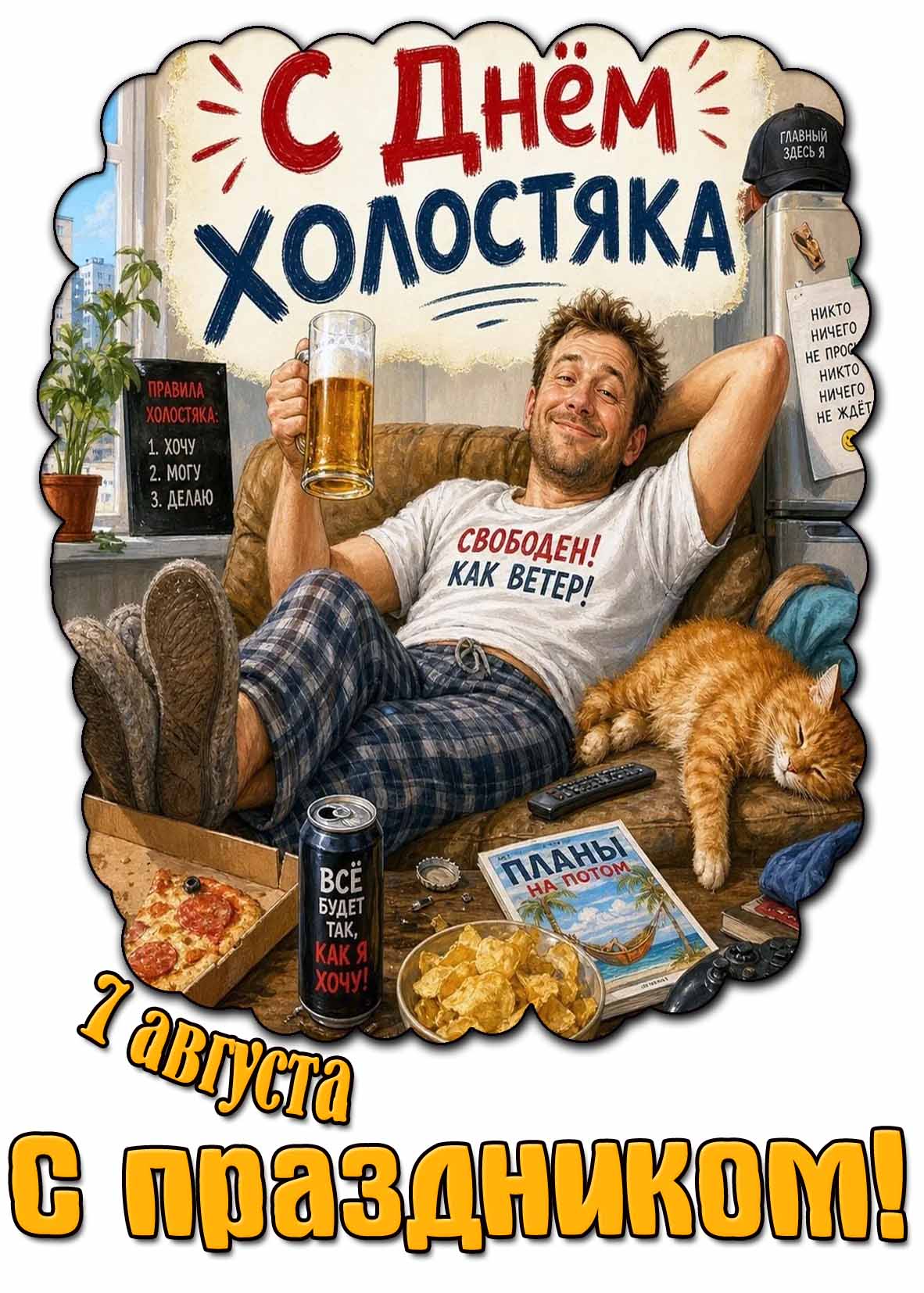 Открытка 7 августа - с днём холостяка! С праздником!