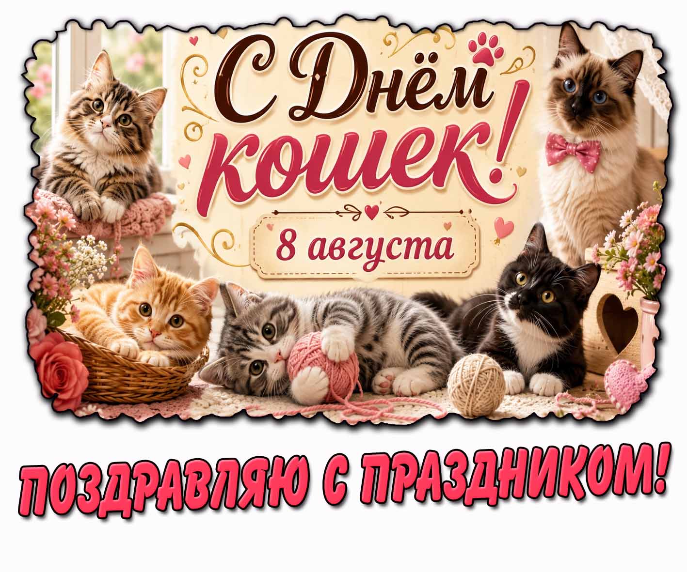 Открытка 8 августа - с днём кошек! Поздравляю с праздником!