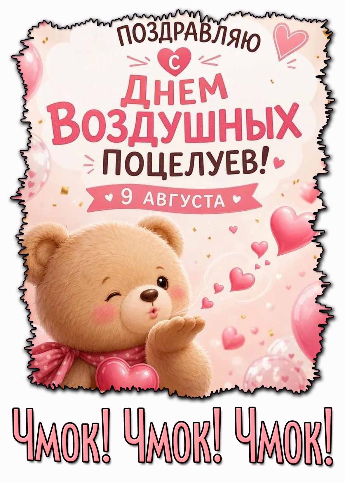 Открытка 9 августа - Поздравляю с днём воздушных поцелуев! Чмок! Чмок! Чмок!