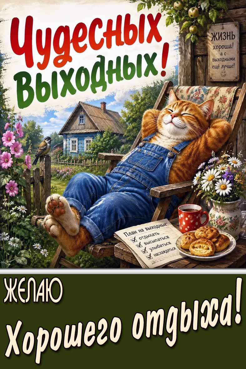 Прикольная открытка "Чудесных выходных! Желаю хорошего отдыха!"