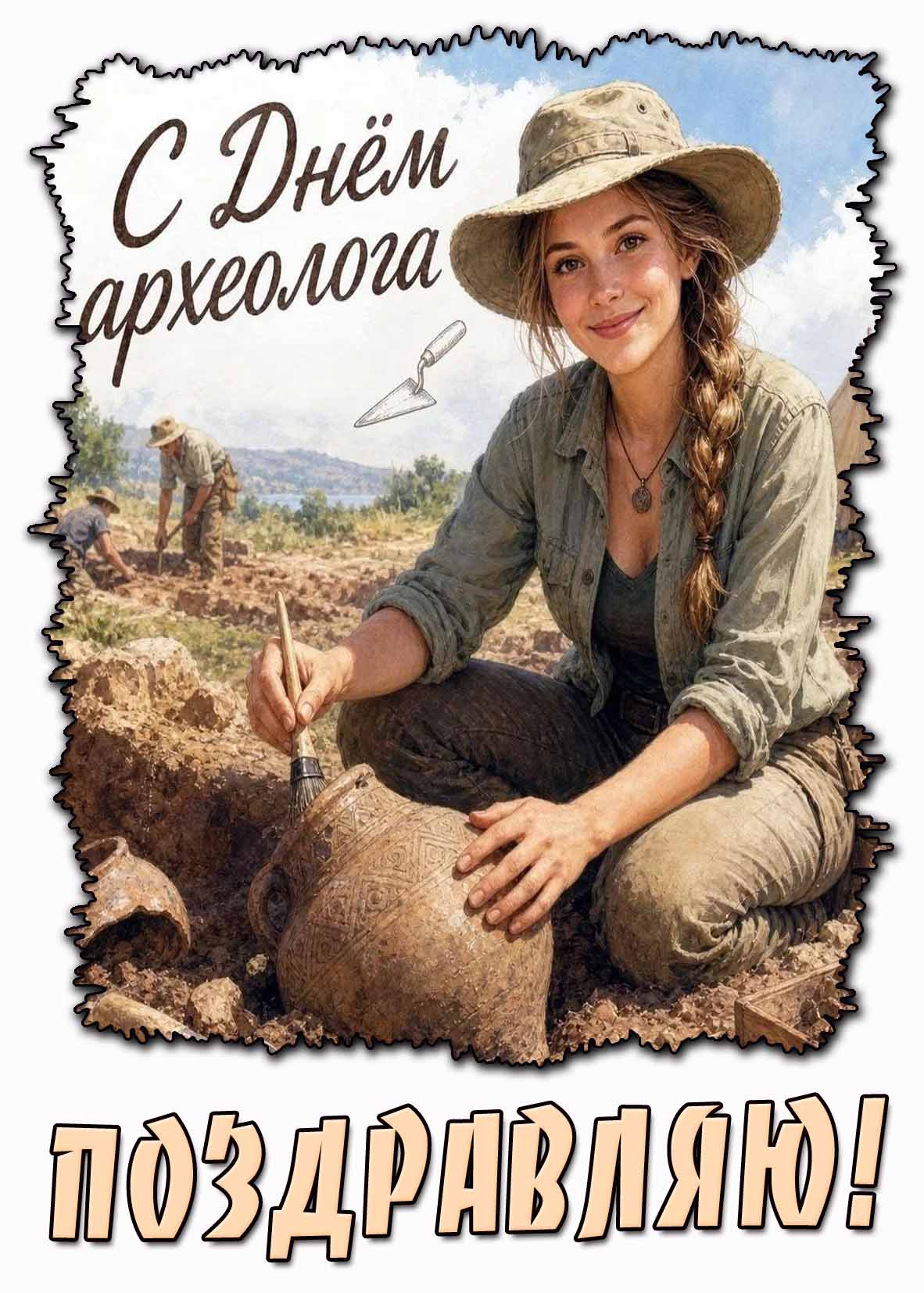 Открытка для женщины "С днём археолога! Поздравляю!"