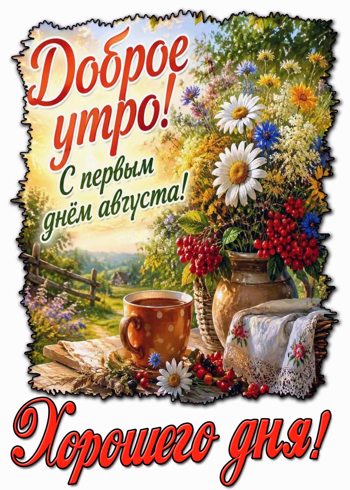 Открытка Доброе утро! С первым днём августа! Хорошего дня!