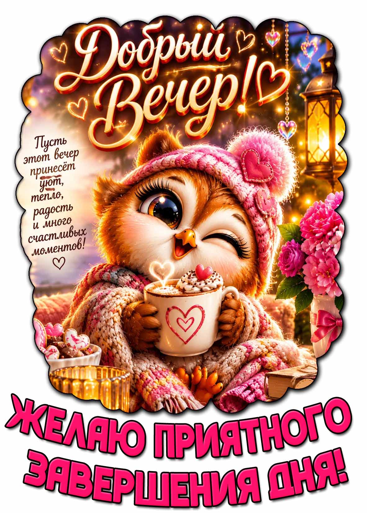 Открытка "Добрый вечер! Пусть этот вечер принесёт уют, тепло, радость и много счастливых моментов! Желаю приятного завершения дня!"