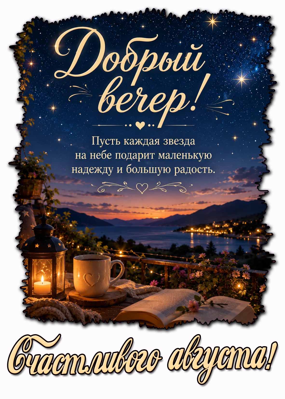 Открытка "Добрый вечер! Пусть каждая звезда на небе подарит маленькую надежду и большую радость! Счастливого августа!"