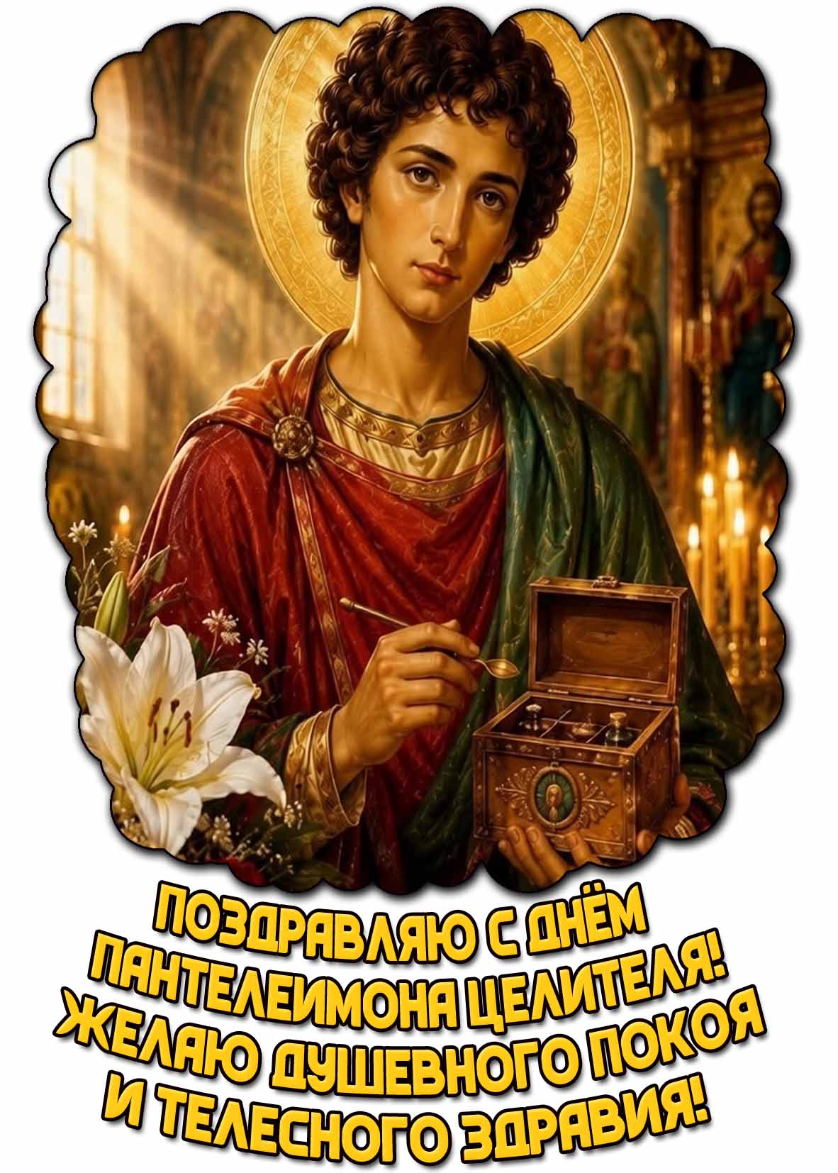 Открытка "Поздравляю с днём Пантелеимона Целителя! Желаю душевного покоя и телесного здравия!"