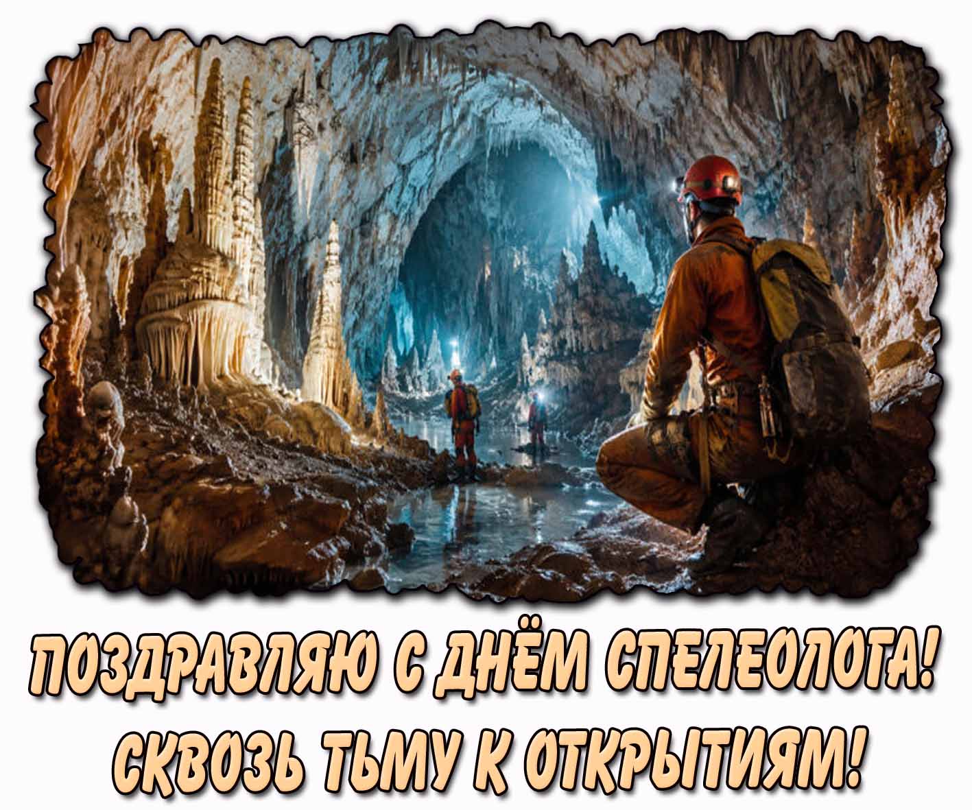 Открытка "Поздравляю с днём спелеолога! Сквозь тьму к открытиям!"