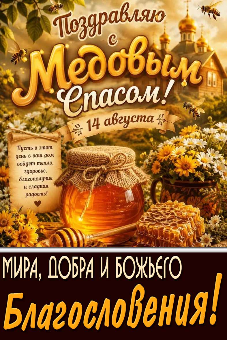 Открытка "Поздравляю с Медовым Спасом! Мира, добра и Божьего Благословения!" - 14 августа