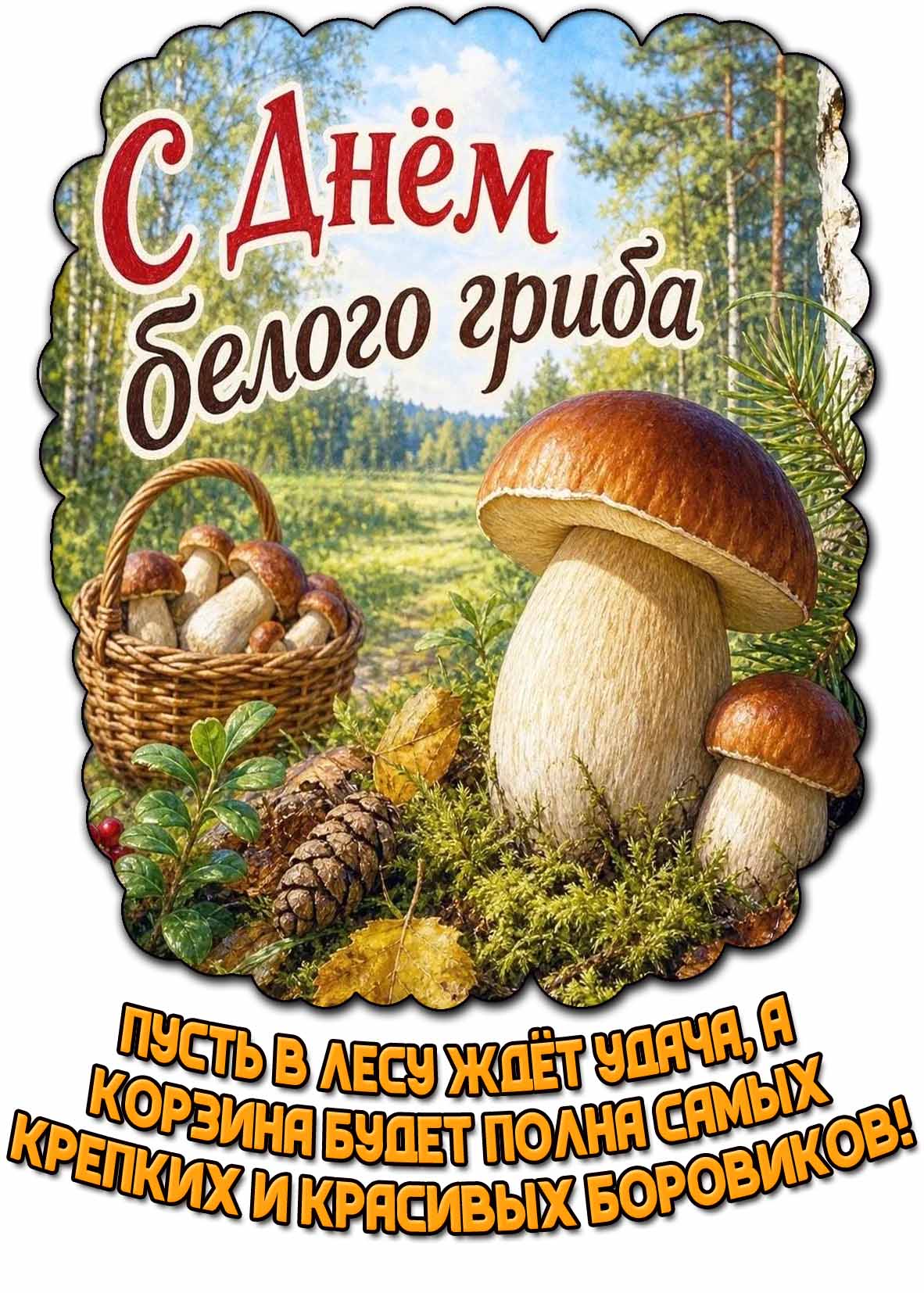 Открытка "С днём белого гриба! Пусть в лесу ждёт удача, а корзина будет полна самых крепких и красивых боровиков!"
