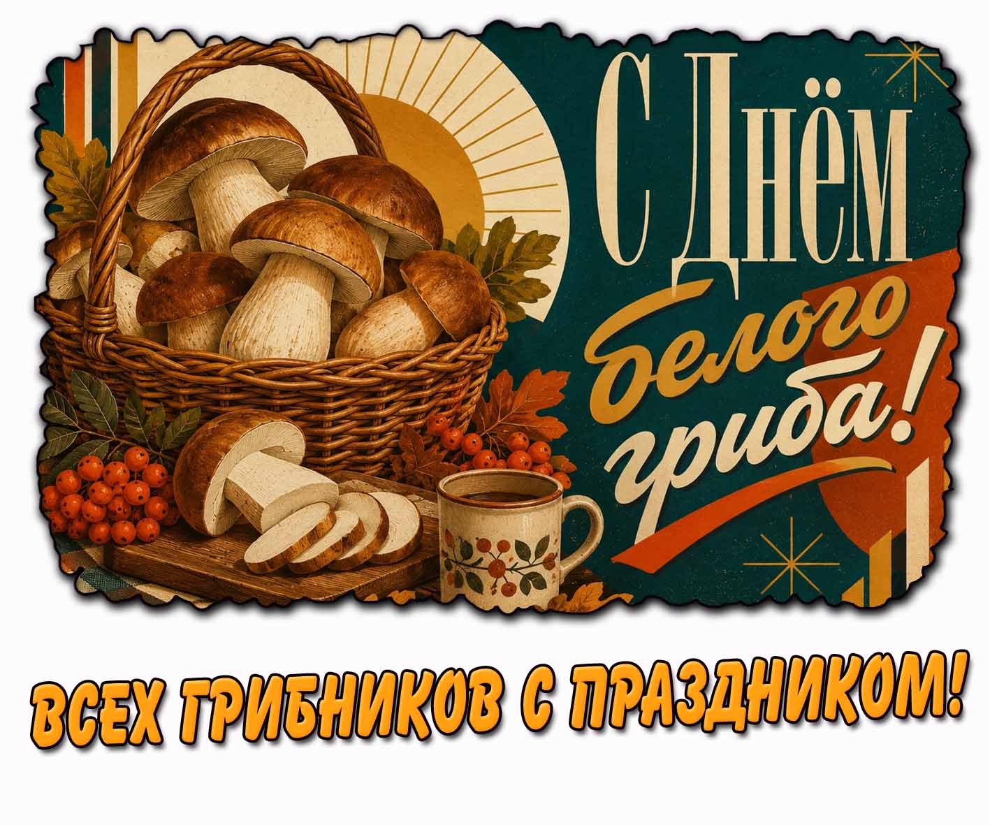 Открытка "С днём белого гриба! Всех грибников с праздником!"