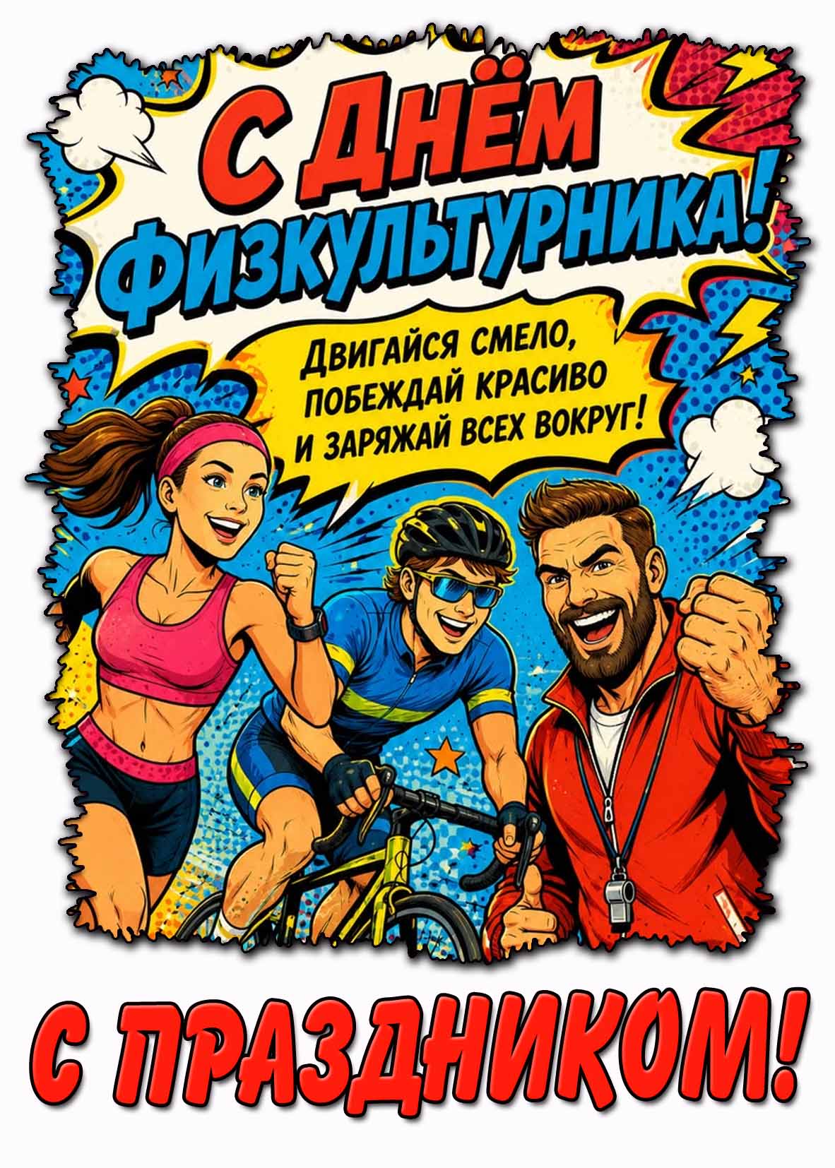 Открытка "С днём физкультурника! Двигайся смело, побеждай красиво и заряжай всех вокруг! С праздником!"