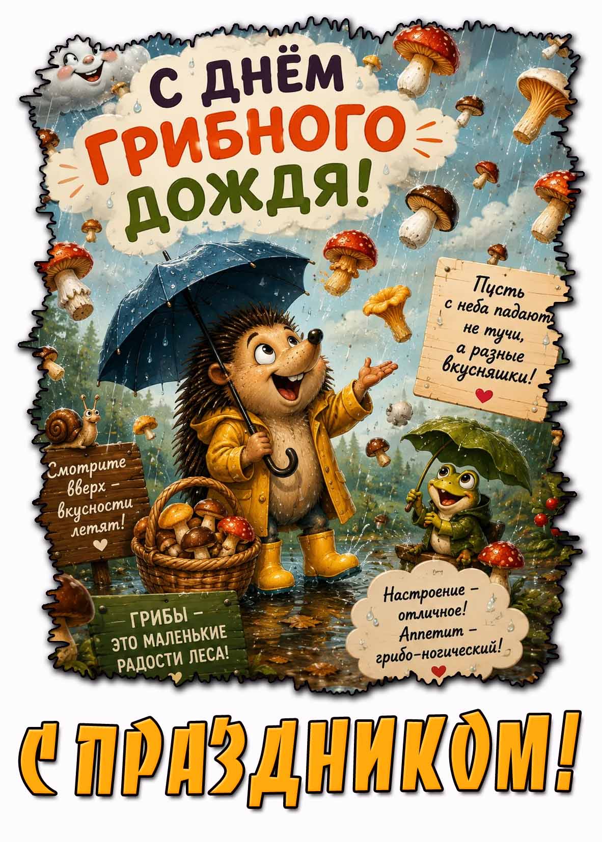 Открытка "С днём грибного дождя! Грибы - это маленькие радости леса! Смотрите вверх - вкусности летят! С праздником!"