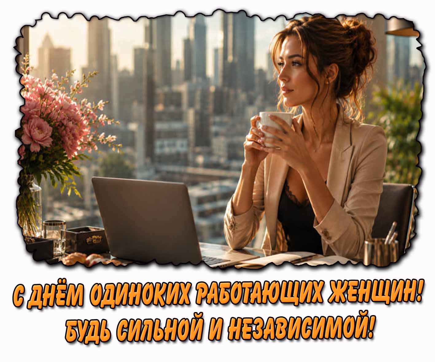 Открытка "С днём одиноких работающих женщин! Будь сильной и независимой!"