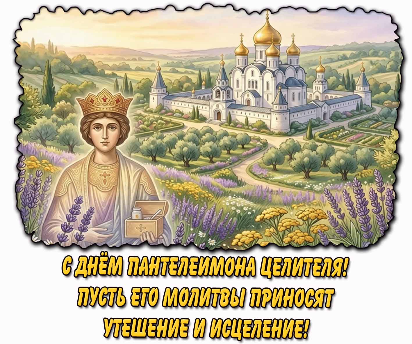 Открытка "С днём Пантелеимона целителя! Пусть его молитвы приносят утешение и исцеление!"