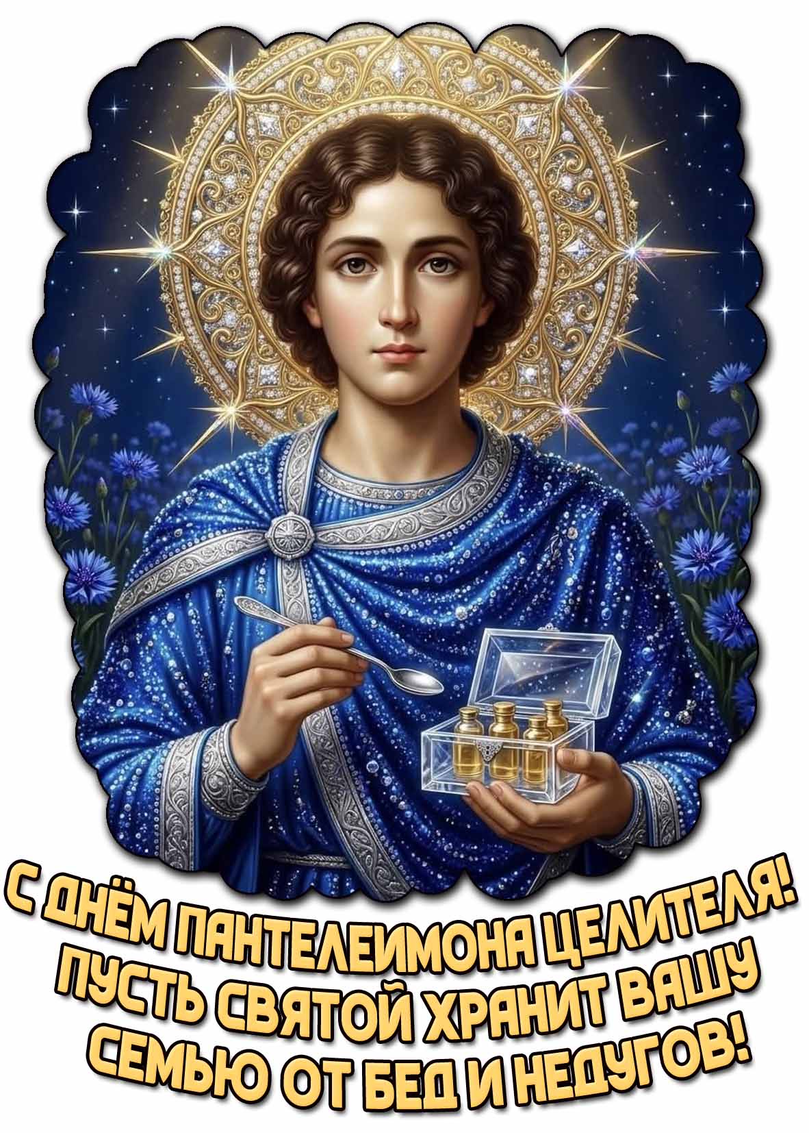 Открытка "С днём Пантелеимона целителя! Пусть святой хранит вашу семью от бед и недугов!"