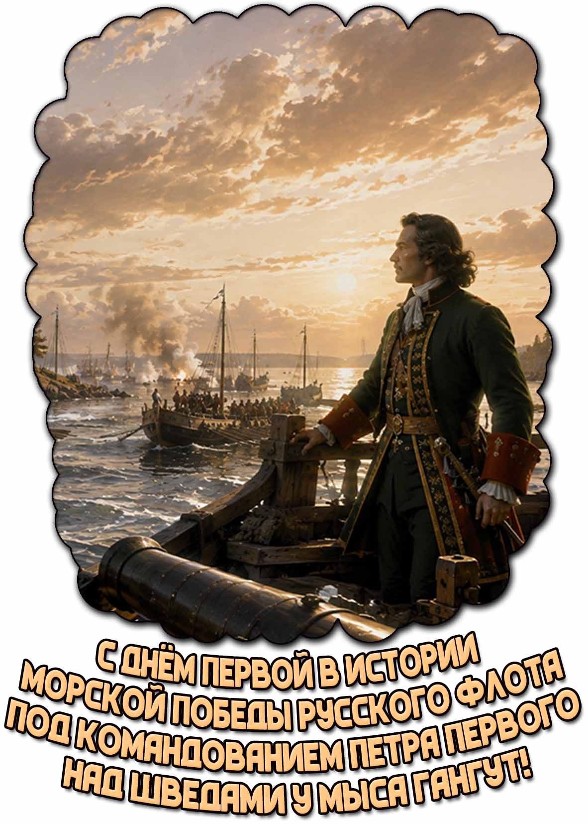 Открытка с днём первой в истории морской победы русского флота под командованием Петра Первого над шведами у мыса Гангут