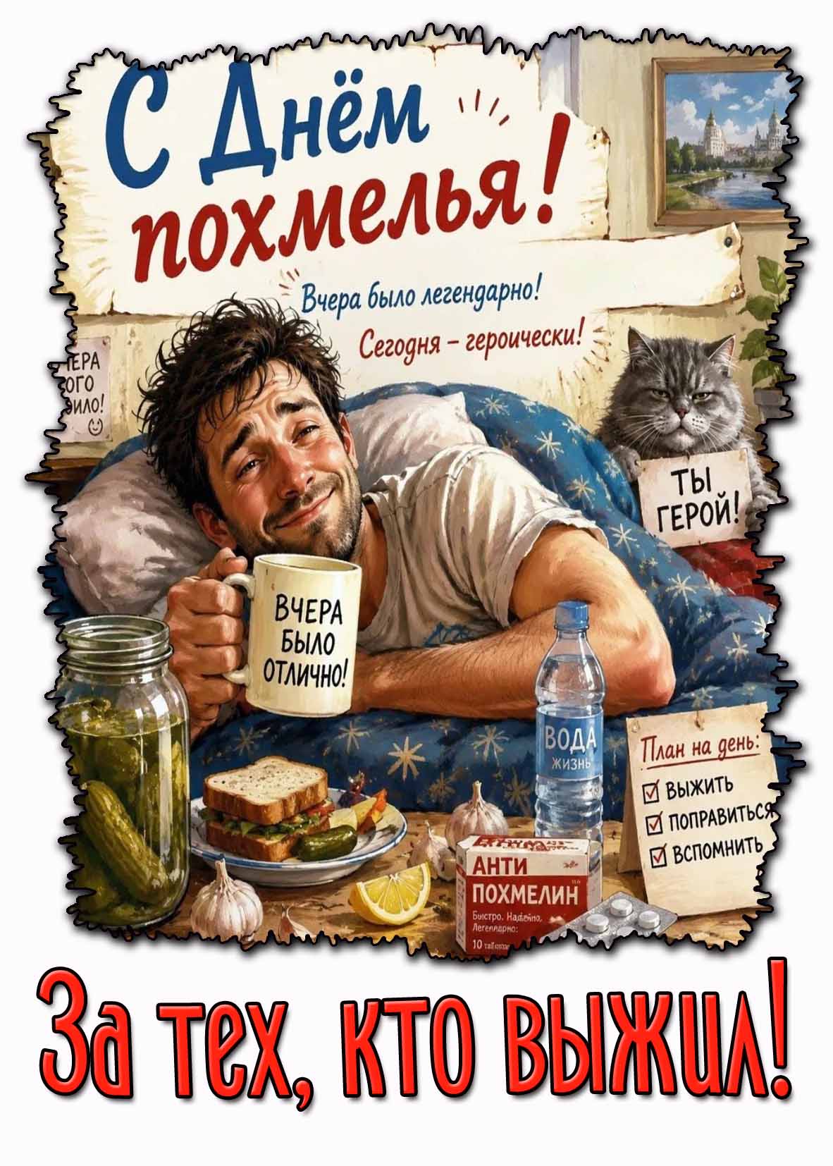 Открытка "С днём похмелья! Вчера было легендарно! Сегодня - героически! За тех, кто выжил!"