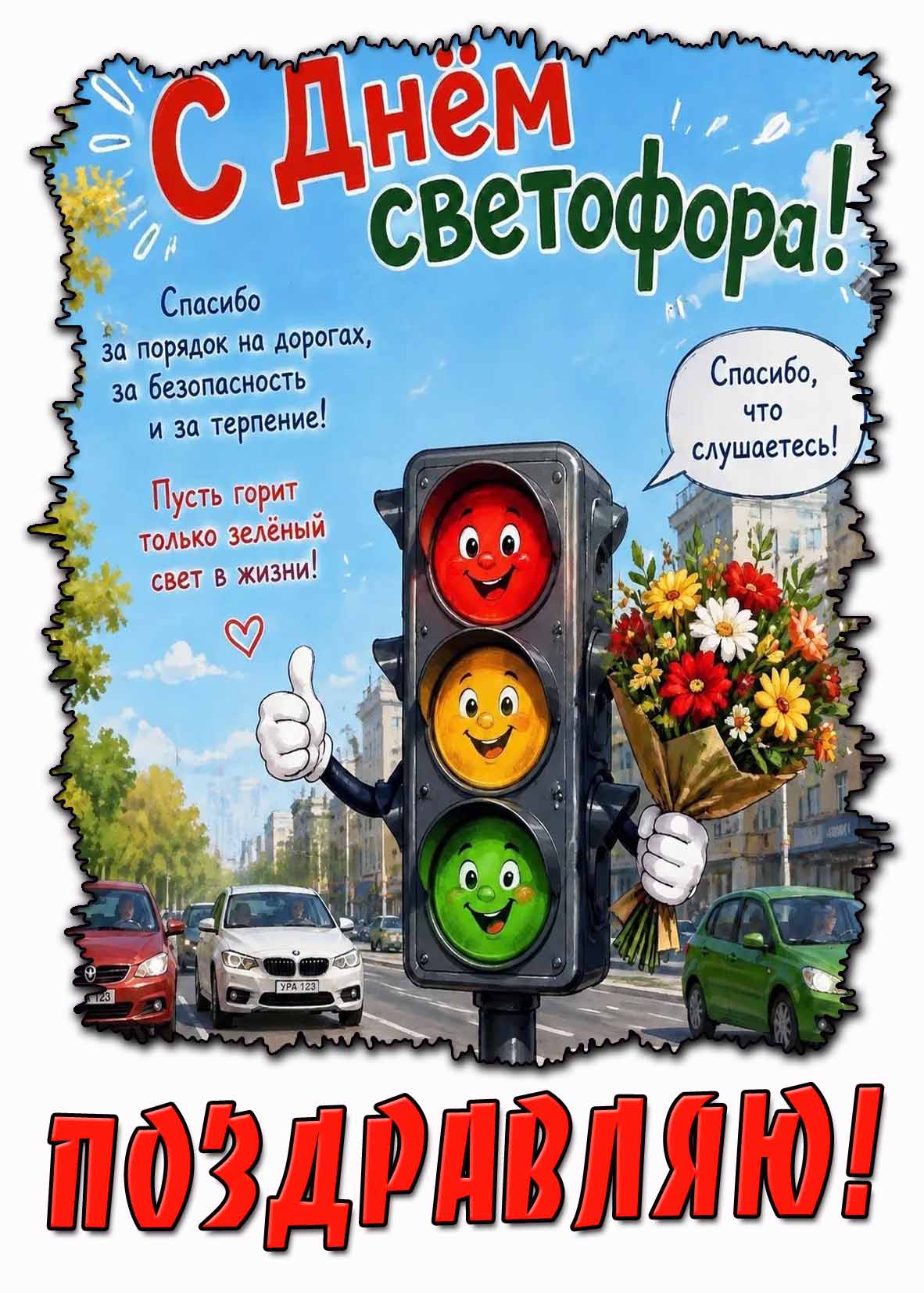 Открытка "С днём светофора! Пусть горит только зелёный свет! Поздравляю!"