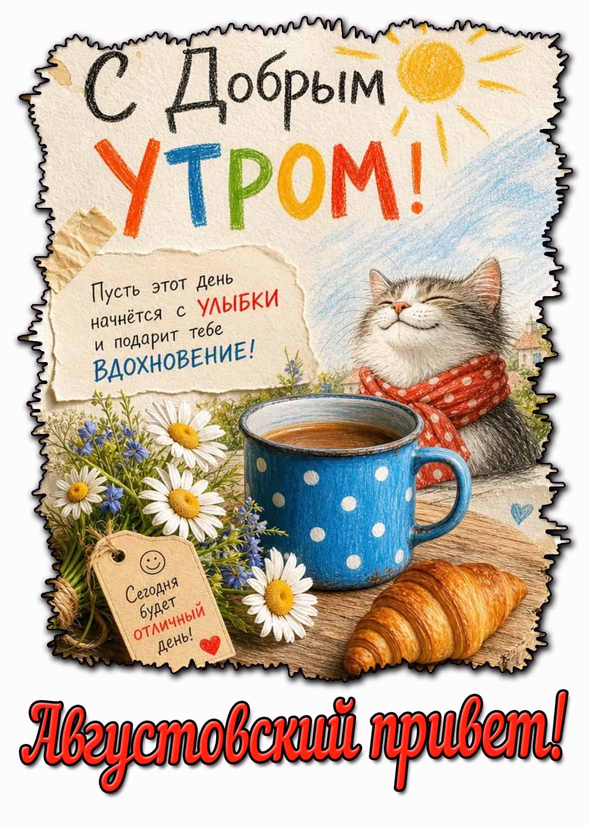 Открытка "С добрым утром! Августовский привет! Пусть этот день начнётся с улыбки и подарит тебе вдохновение! Сегодня будет отличный день!"