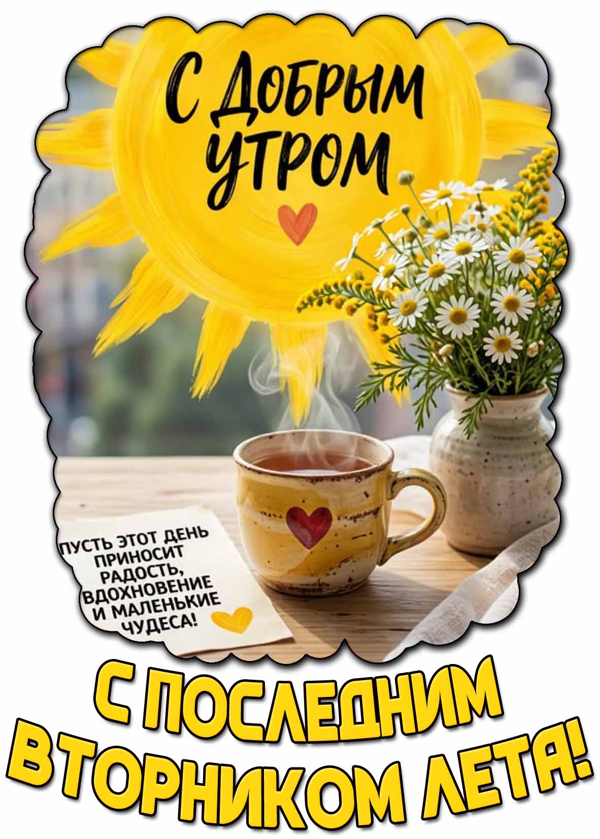 Открытка "С добрым утром! С последним вторником лета! Пусть этот день приносит радость, вдохновение и маленькие чудеса!"