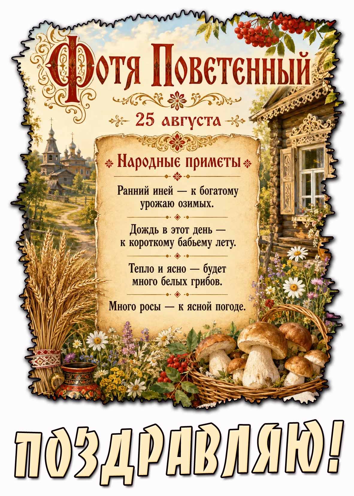 Красивая русско-народная открытка с грибами к празднику 25 августа - Фотя Поветенный! Поздравляю! Открытка с народными приметами на 25 августа - Фотя Поветенный! Поздравляю!